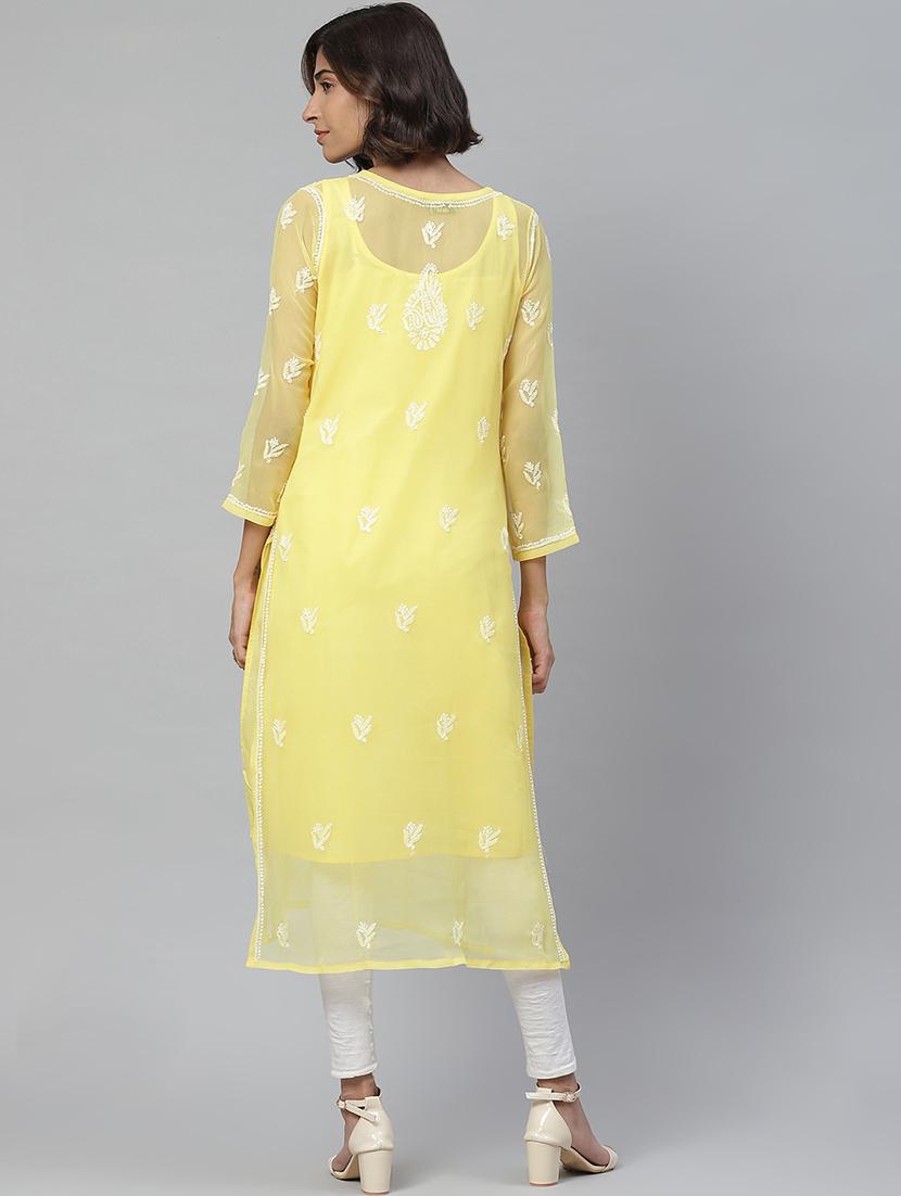 ada hand-embroidered yellow georgette chikankari straight kurta - 17428066 - Zoom Image - 3