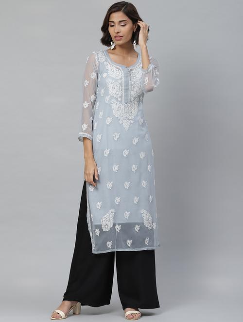 ada hand-embroidered grey georgette chikankari straight kurta - 17428069 - Standard Image - 1