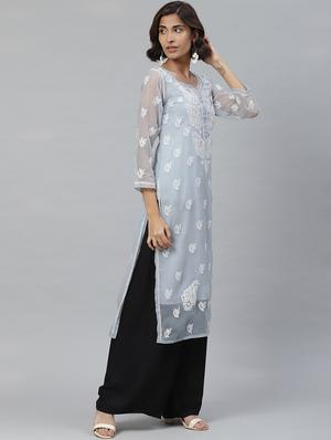 ada hand-embroidered grey georgette chikankari straight kurta - 17428069 - Standard Image - 2