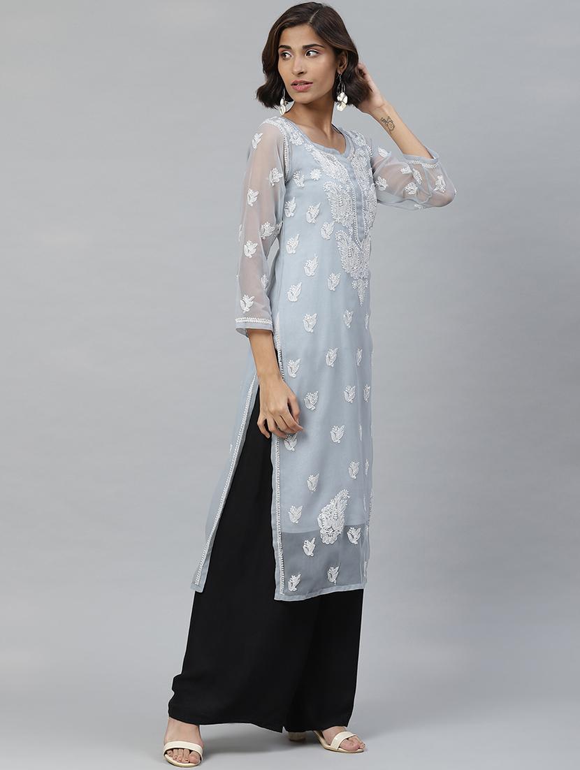 ada hand-embroidered grey georgette chikankari straight kurta - 17428069 - Zoom Image - 2