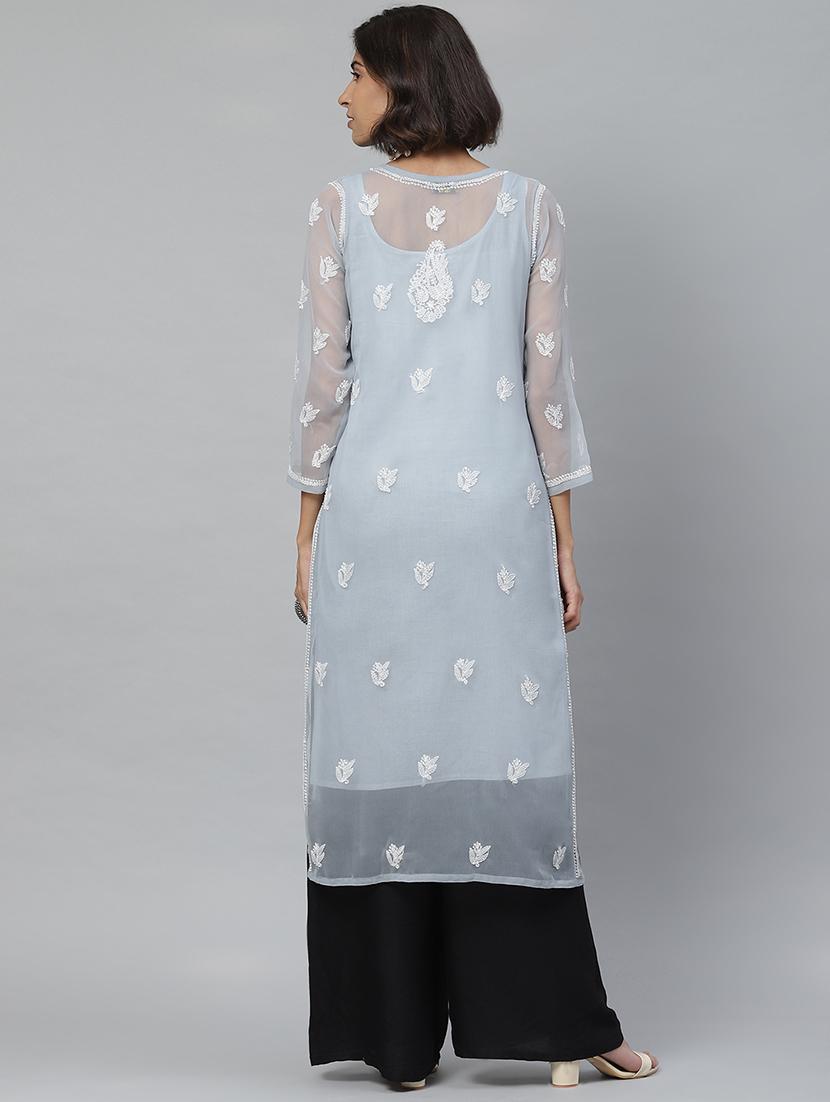 ada hand-embroidered grey georgette chikankari straight kurta - 17428069 - Zoom Image - 3