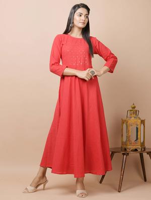 red cotton anarkali kurta - 17428804 - Standard Image - 3