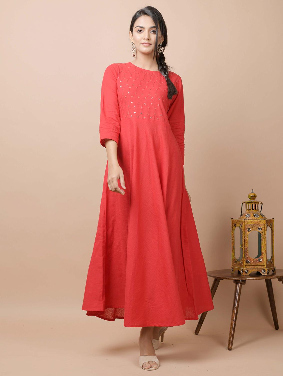 red cotton anarkali kurta - 17428804 - Zoom Image - 2