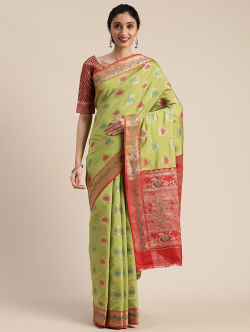 olive kanjivaram saree with blouse - 17429123 - Standard Image - 1