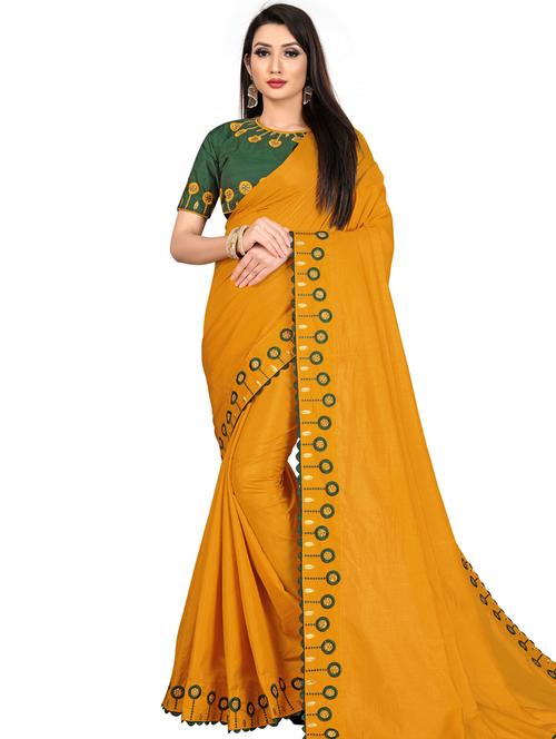 mustard cotton silk embroidered saree with blouse - 17432076 - Standard Image - 1