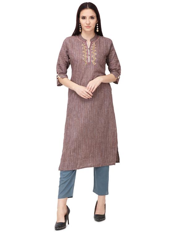 brown solid straight kurta - 17432201 - Zoom Image - 1