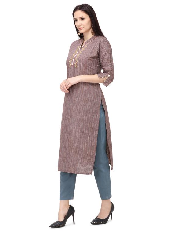 brown solid straight kurta - 17432201 - Zoom Image - 2