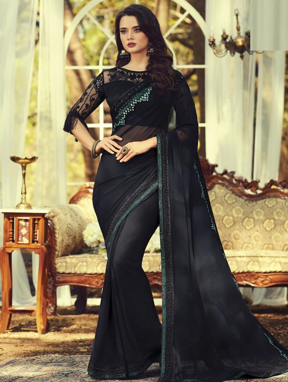 solid embroidered saree with blouse - 17432665 - Zoom Image - 1