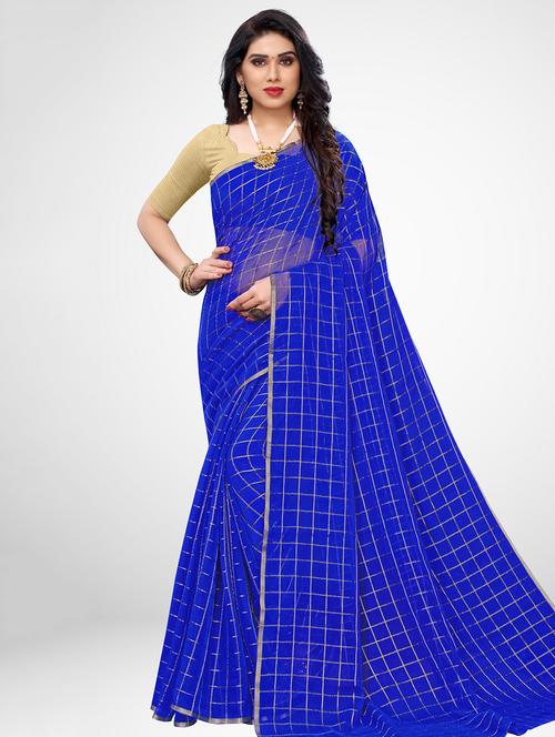 checkered plain saree with blouse - 17433639 - Standard Image - 1