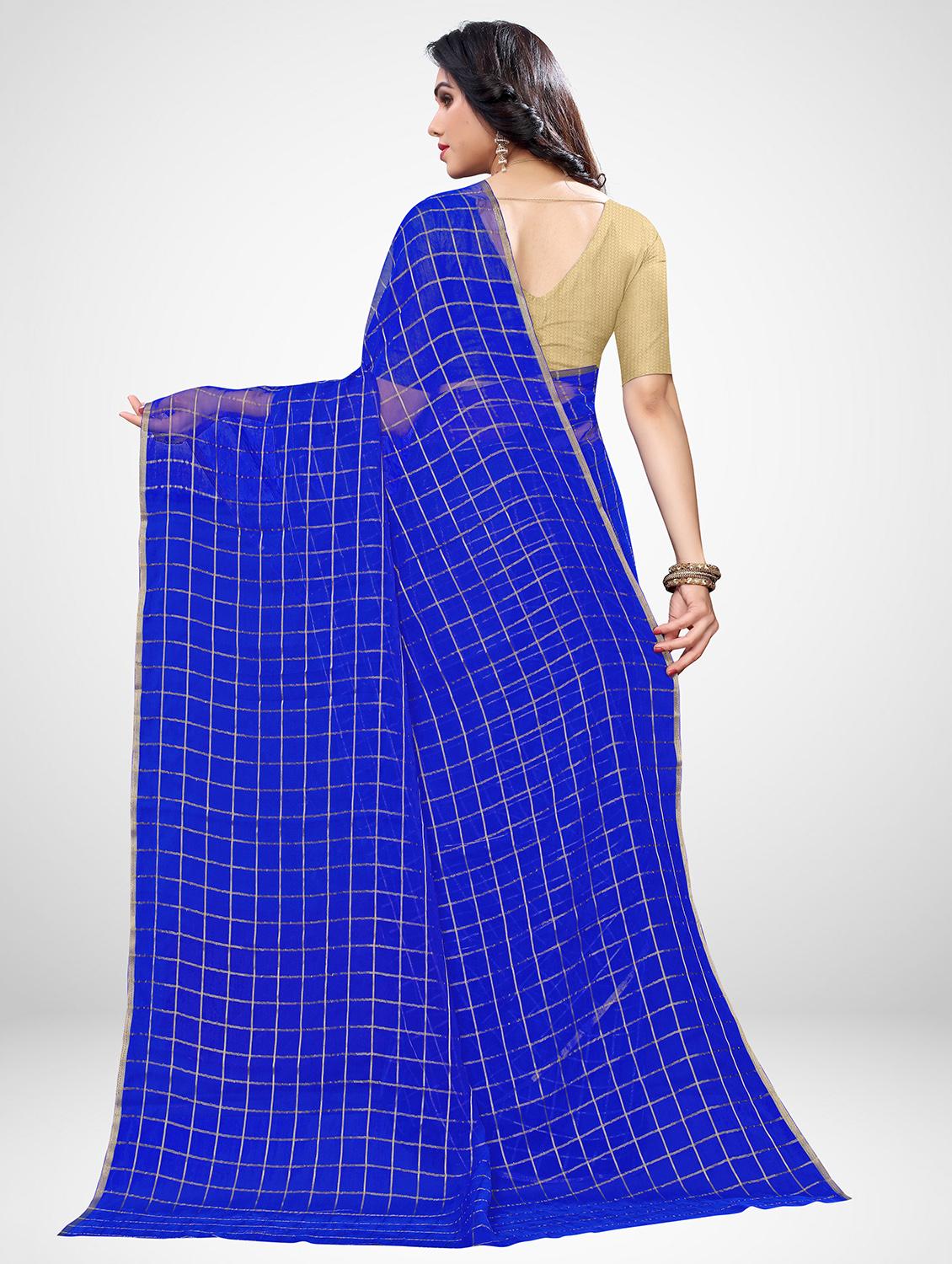 checkered plain saree with blouse - 17433639 - Zoom Image - 2