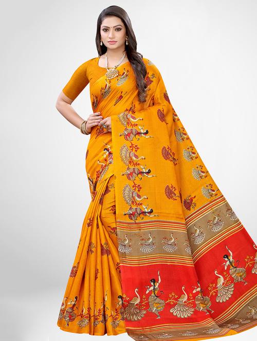 mustard cotton silk printed saree with blouse - 17433709 - Standard Image - 1