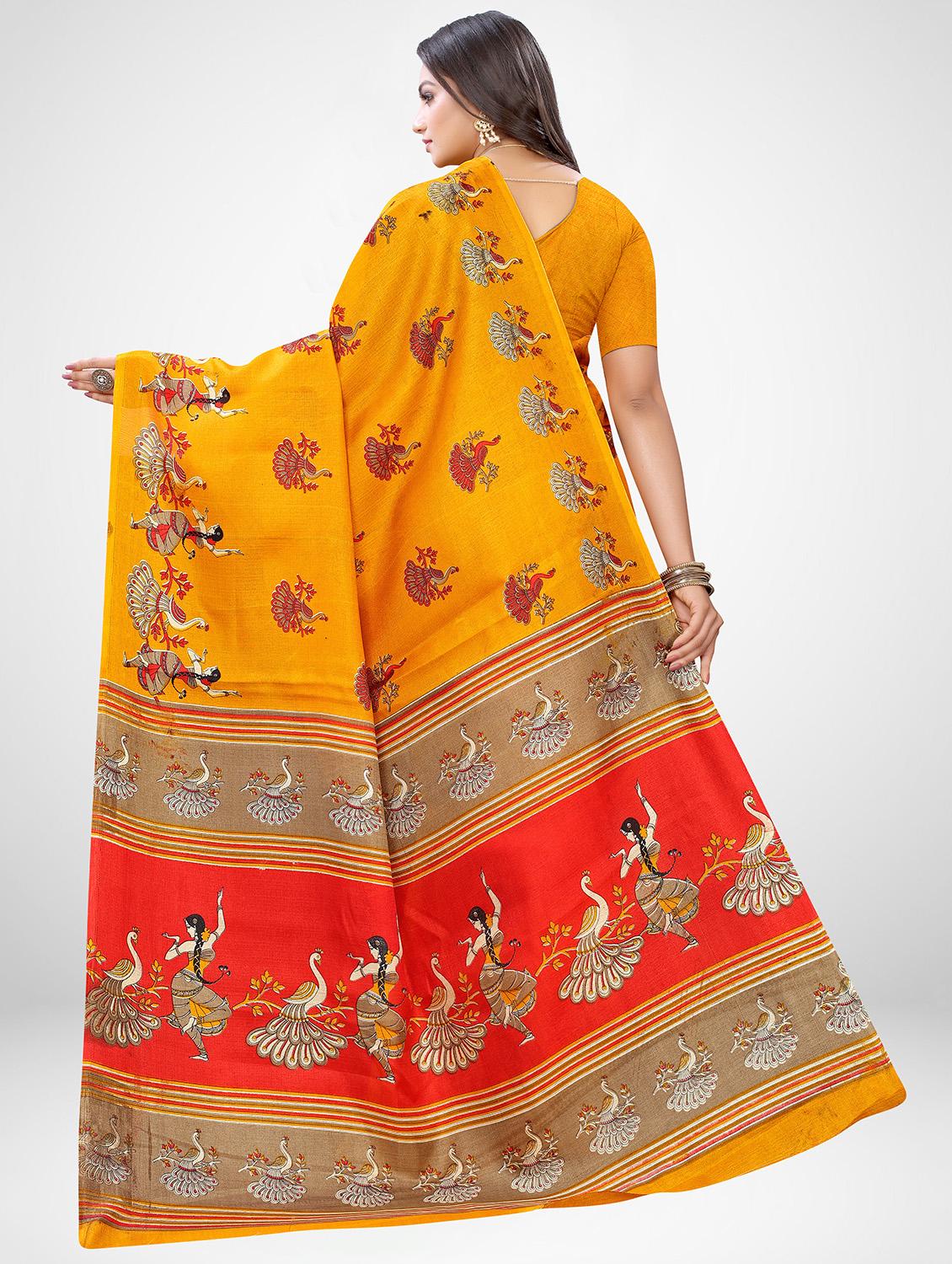 mustard cotton silk printed saree with blouse - 17433709 - Zoom Image - 2