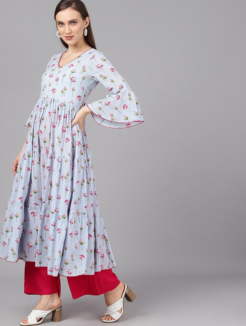 blue cotton anarkali kurta - 17433891 - Zoom Image - 2