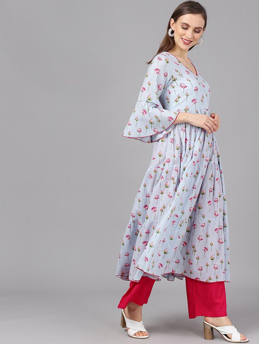 blue cotton anarkali kurta - 17433891 - Zoom Image - 3