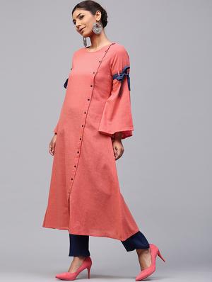 peach cotton aline kurta - 17433933 - Standard Image - 2