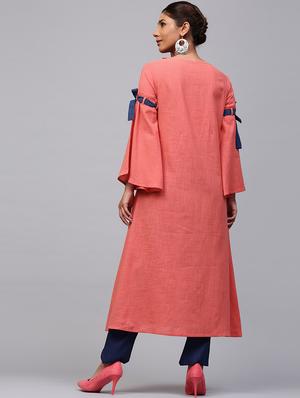 peach cotton aline kurta - 17433933 - Standard Image - 3