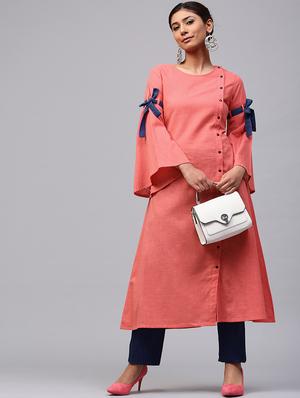 peach cotton aline kurta - 17433933 - Standard Image - 4
