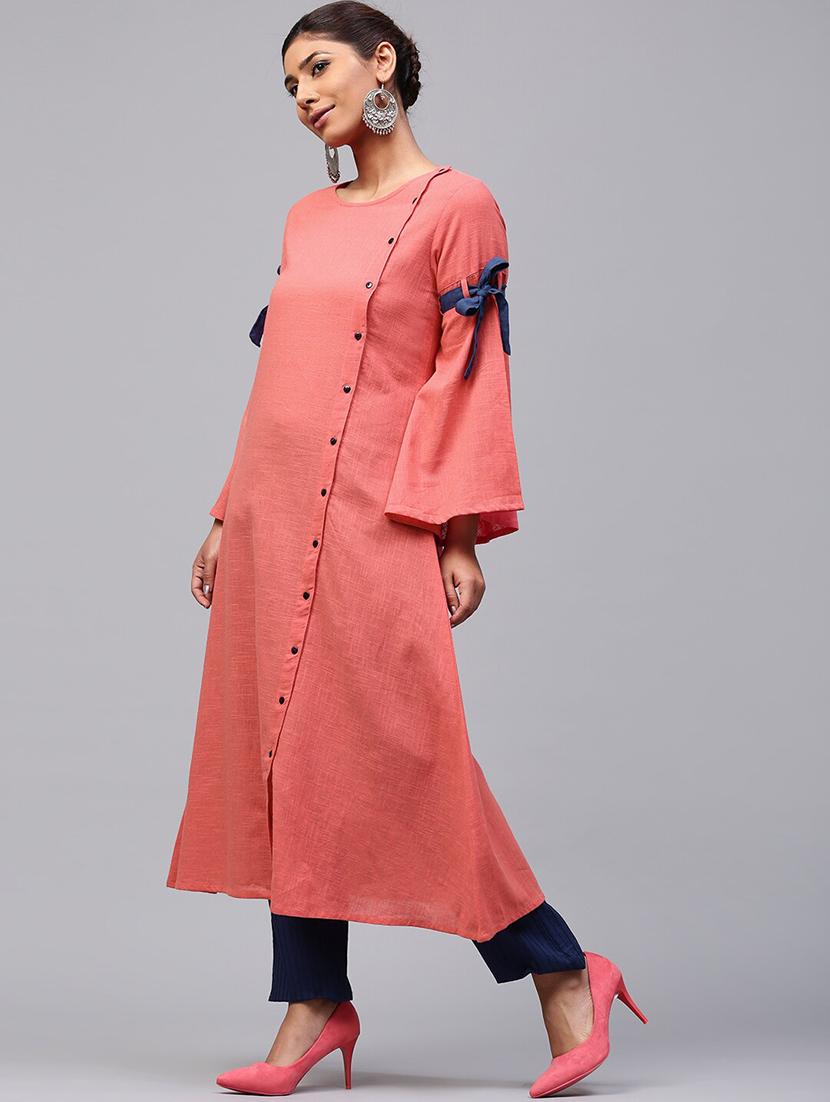 peach cotton aline kurta - 17433933 - Zoom Image - 2