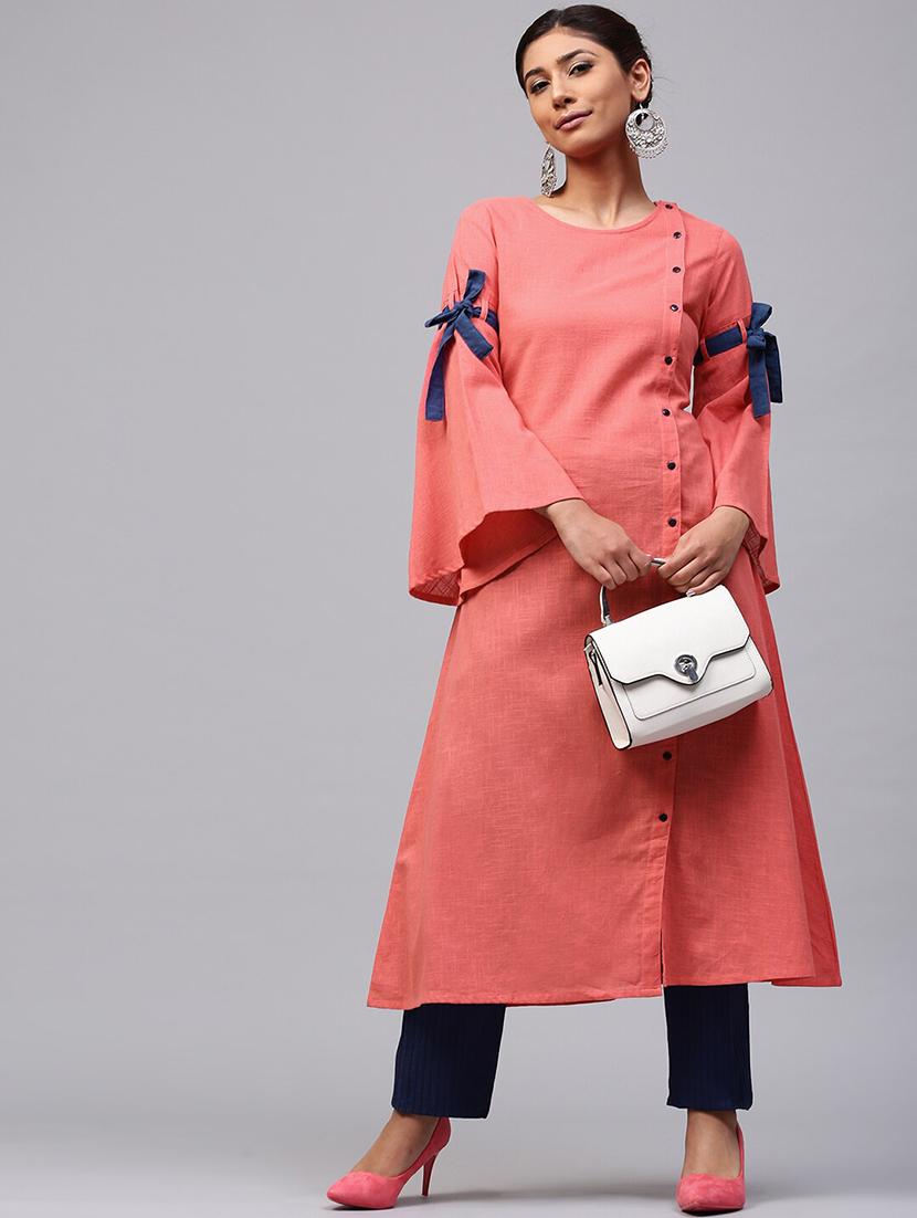 peach cotton aline kurta - 17433933 - Zoom Image - 4