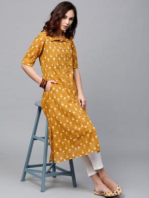 mustard cotton aline kurta - 17433936 - Standard Image - 3