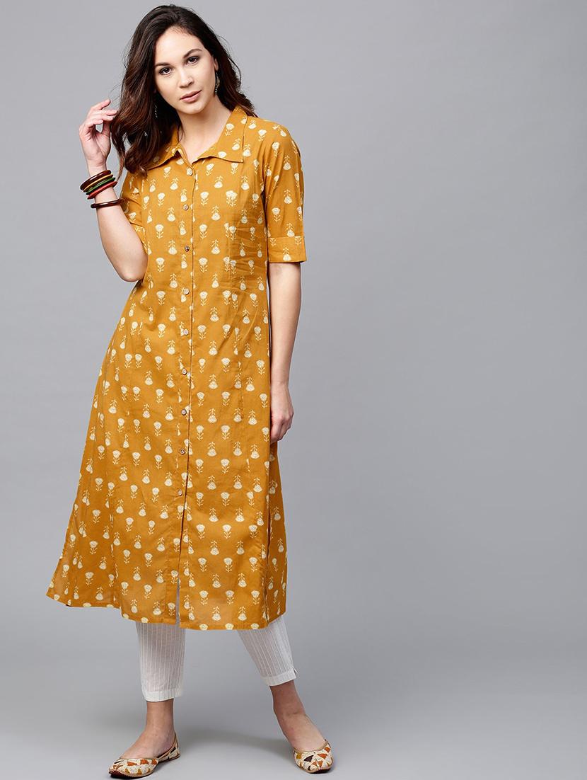 mustard cotton aline kurta - 17433936 - Zoom Image - 1