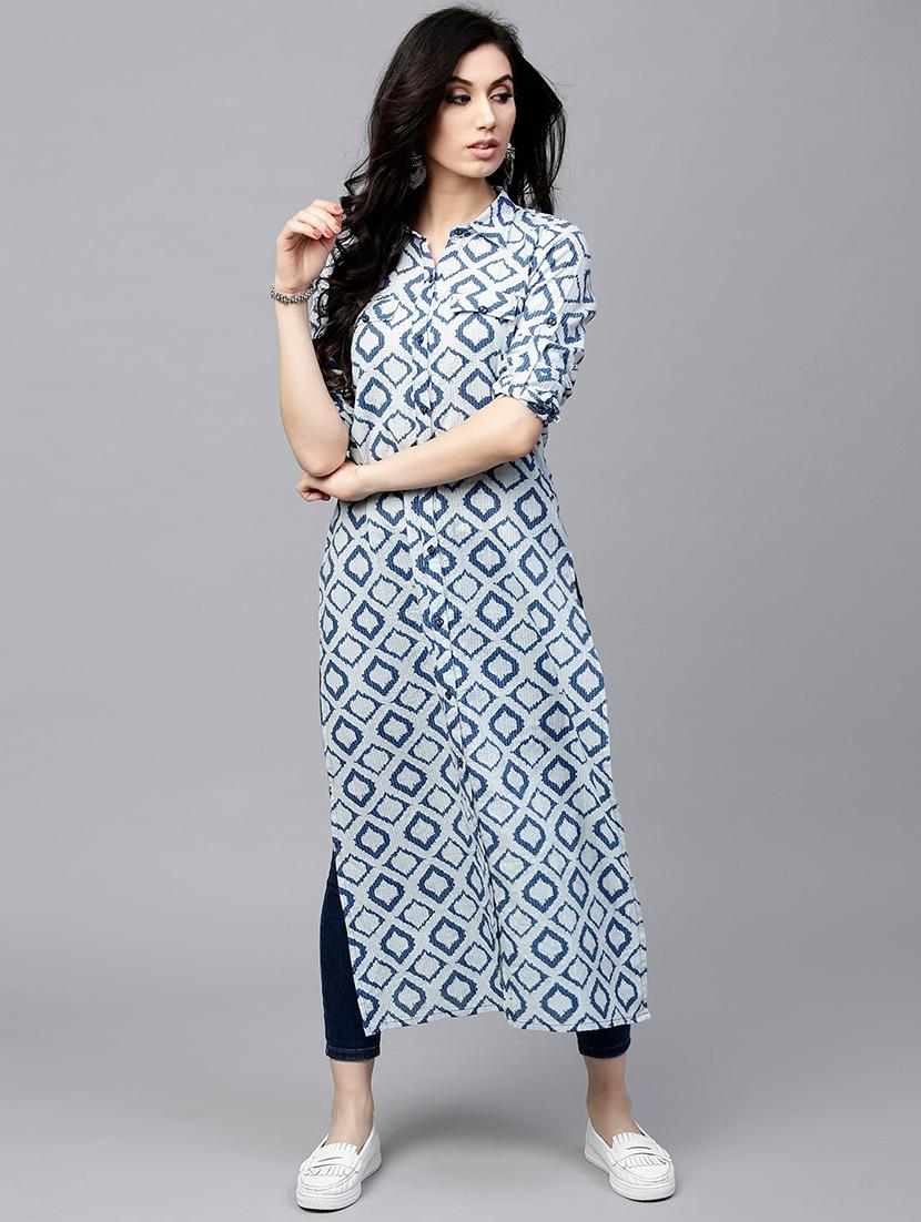 navy cotton straight kurta - 17433938 - Zoom Image - 1