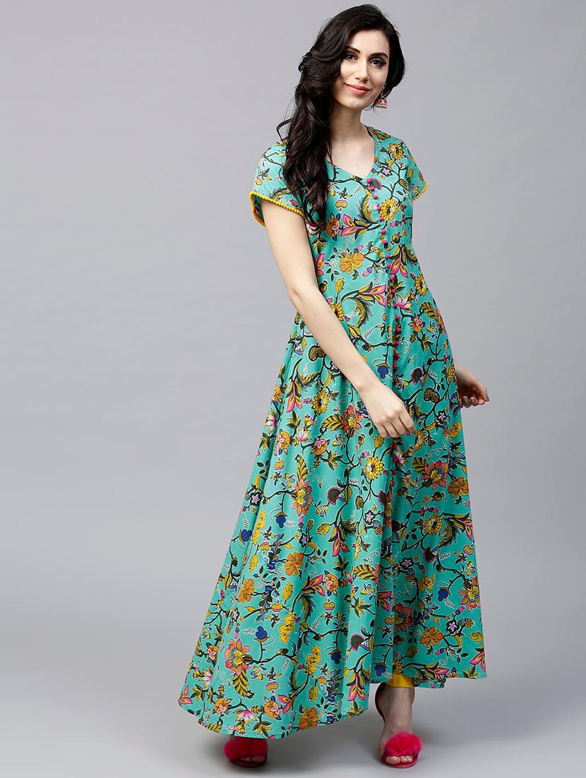 green cotton anarkali kurta - 17433939 - Zoom Image - 1