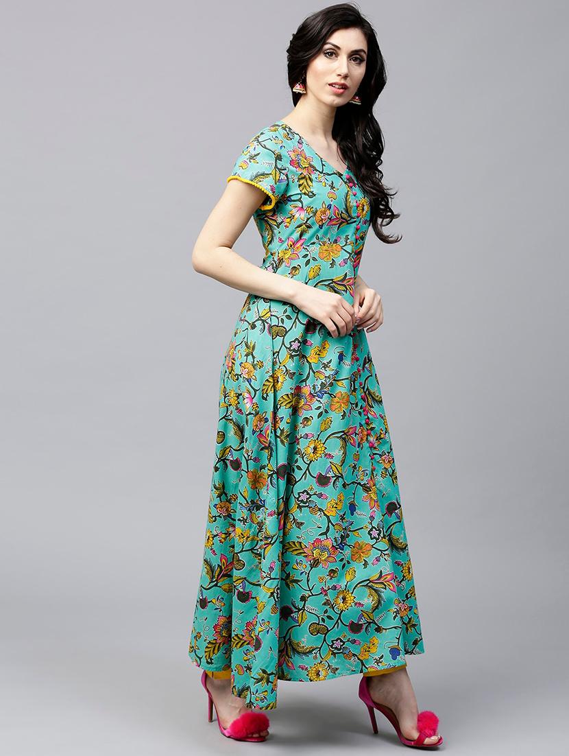 green cotton anarkali kurta - 17433939 - Zoom Image - 3