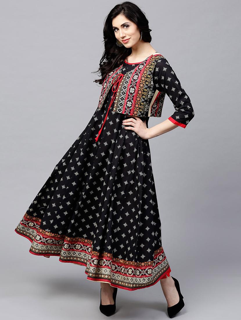 black cotton anarkali kurta - 17433946 - Zoom Image - 2