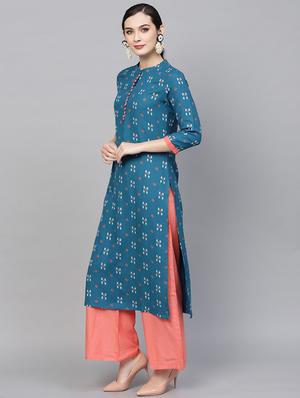 teal viscose straight kurta - 17433973 - Standard Image - 2
