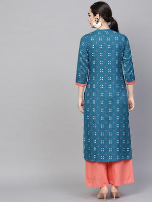 teal viscose straight kurta - 17433973 - Standard Image - 3