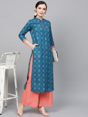 teal viscose straight kurta - 17433973 - Standard Image - 4
