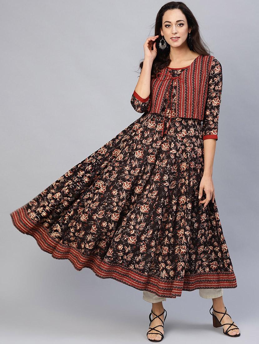 brown cotton anarkali kurta - 17433984 - Zoom Image - 1