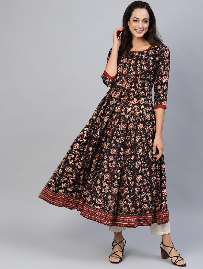 brown cotton anarkali kurta - 17433984 - Zoom Image - 2