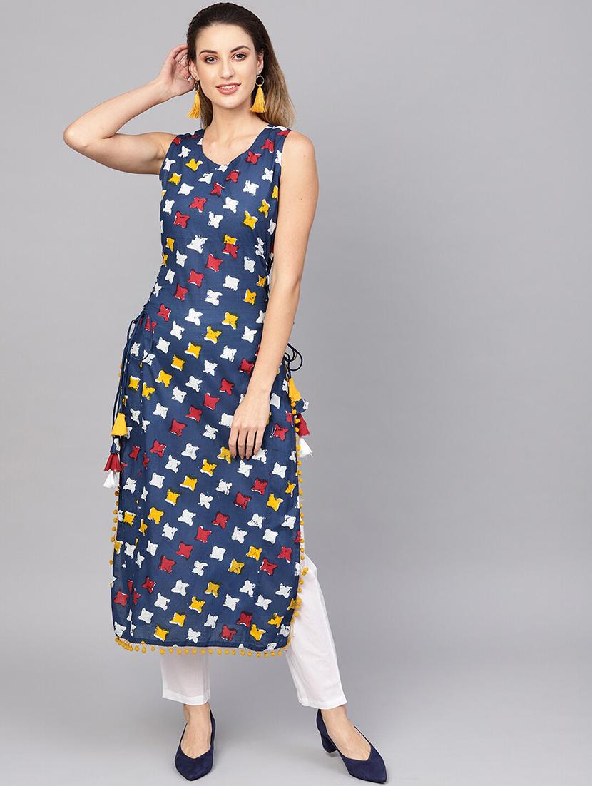 navy cotton straight kurta - 17433992 - Zoom Image - 1