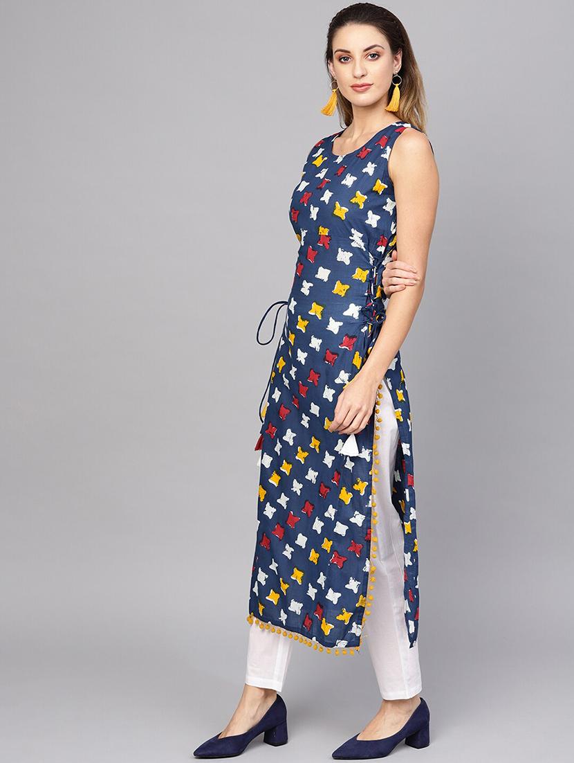 navy cotton straight kurta - 17433992 - Zoom Image - 2