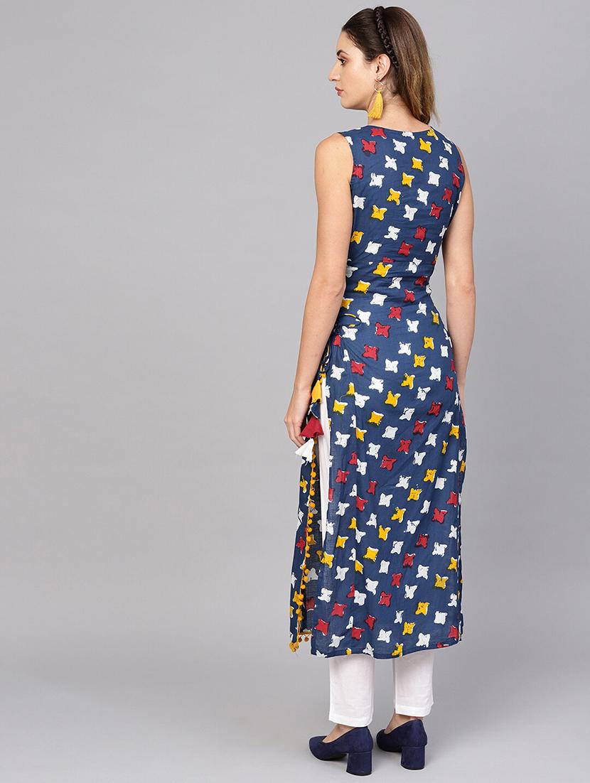 navy cotton straight kurta - 17433992 - Zoom Image - 3