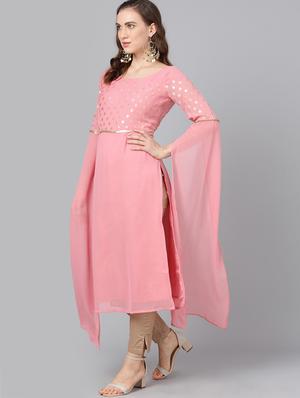 foil print slit sleeves straight kurta - 17434105 - Standard Image - 2