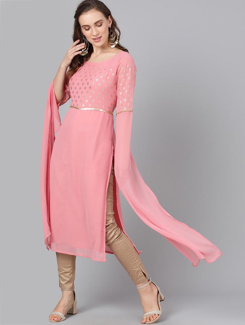 foil print slit sleeves straight kurta - 17434105 - Zoom Image - 1