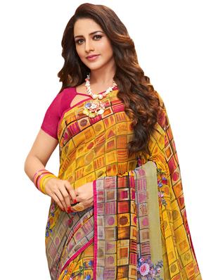 check printed saree with blouse - 17435073 - Standard Image - 2