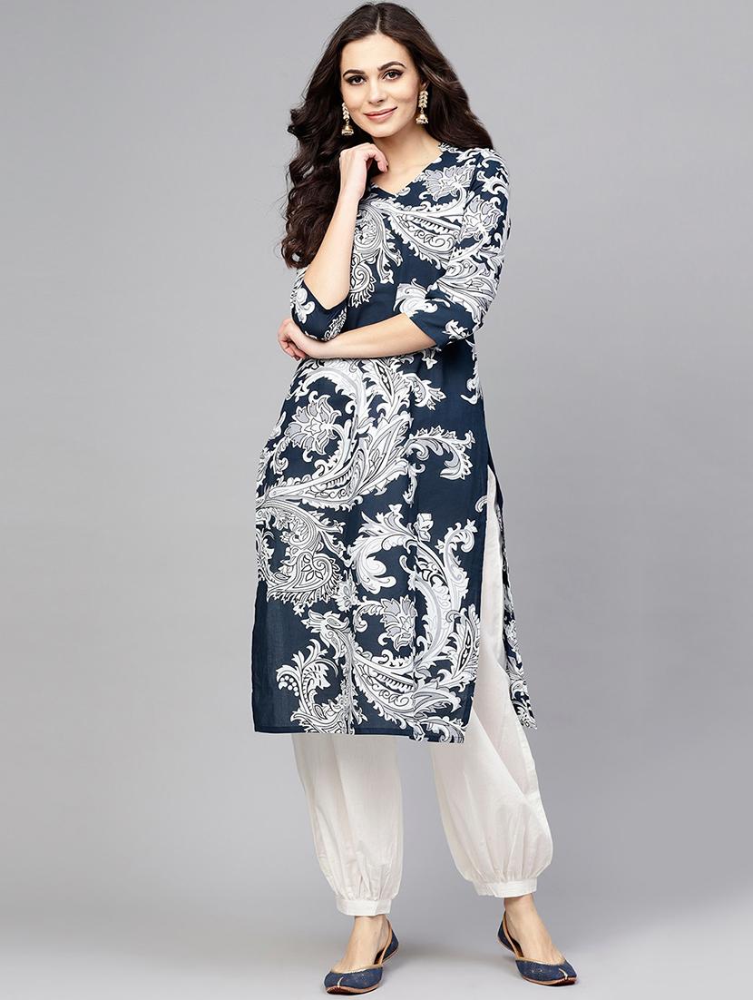 navy cotton kurta salwar set - 17435366 - Zoom Image - 1