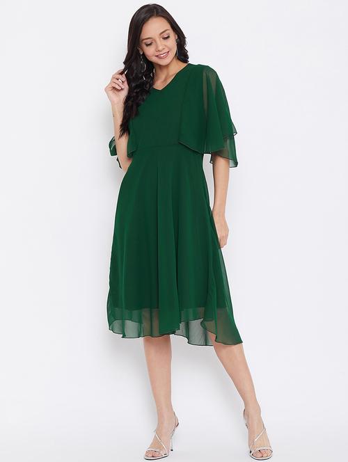 v-neck solid fit & flare dress - 17435984 - Standard Image - 1