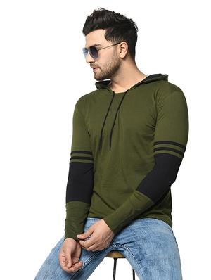 olive green color block cut & sew hooded t-shirt - 17436883 - Standard Image - 4