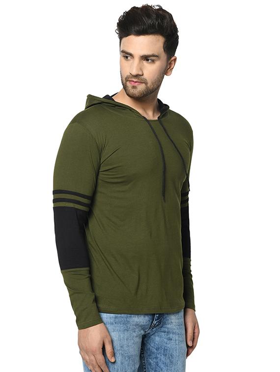 olive green color block cut & sew hooded t-shirt - 17436883 - Zoom Image - 2