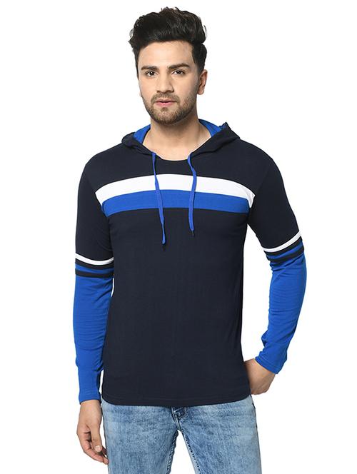 navy blue color block cut & sew hooded t-shirt - 17436895 - Standard Image - 1