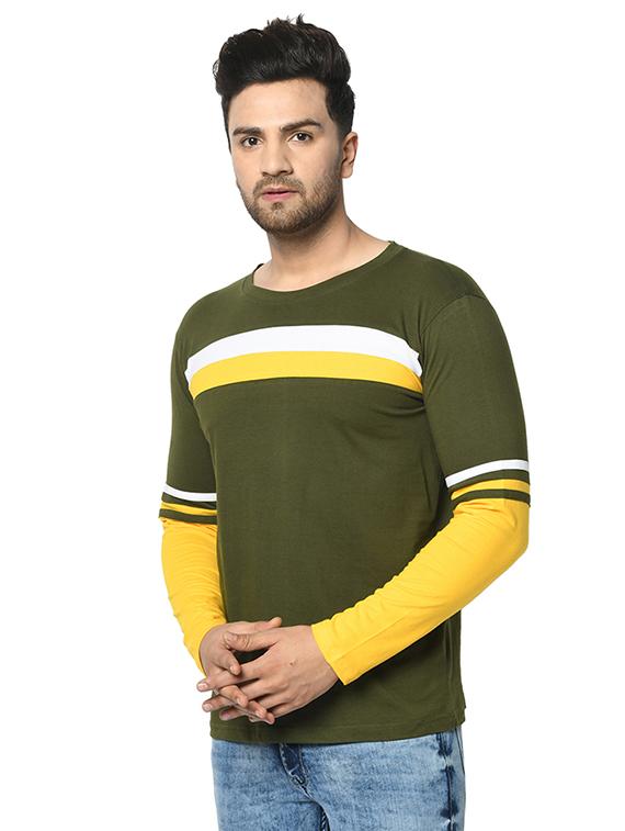 olive green color block cut & sew t-shirt - 17436927 - Zoom Image - 2