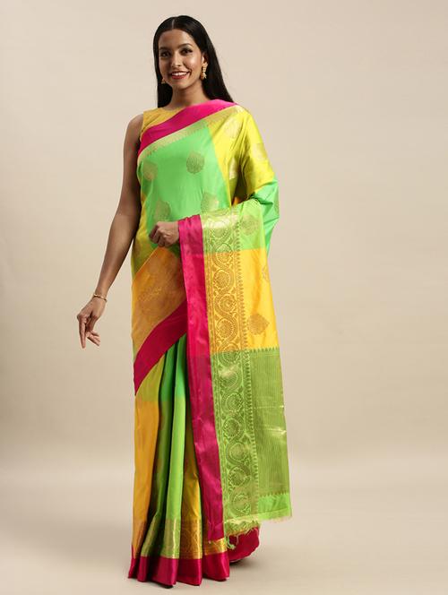 color block handloom saree with blouse - 17437674 - Very Small Image - 1