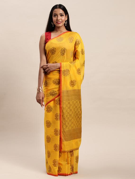 mustard cotton handloom saree with blouse - 17437710 - Zoom Image - 1