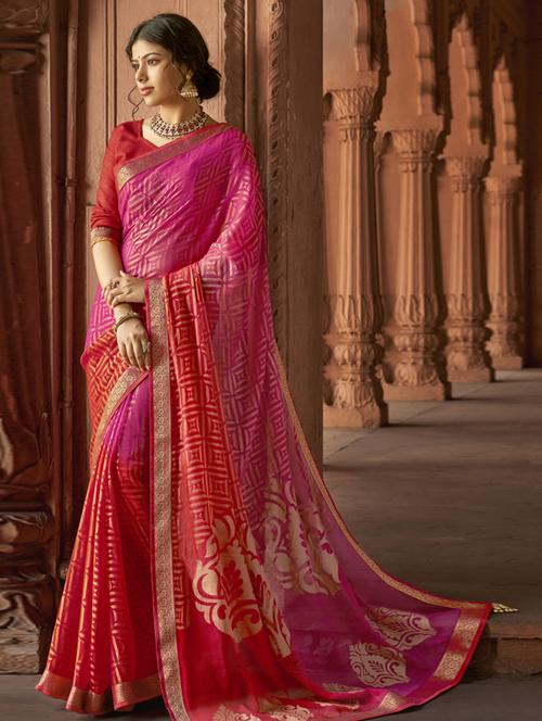 lace detail printed saree with blouse - 17439742 - Standard Image - 1
