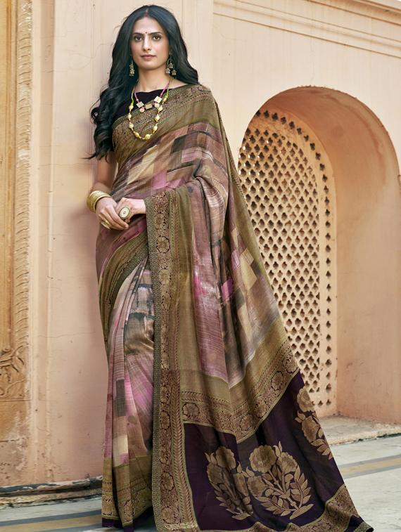 lace detail printed saree with blouse - 17439764 - Zoom Image - 1